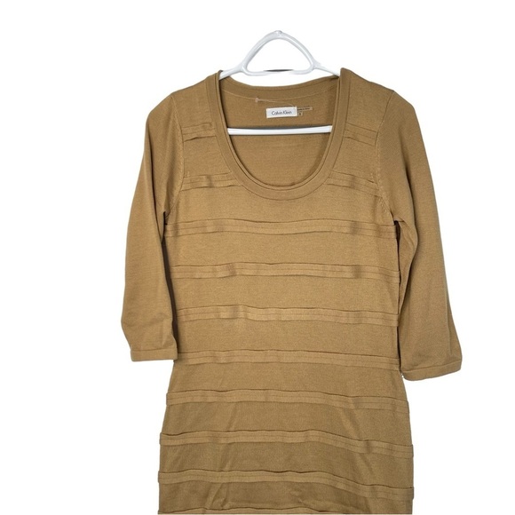Calvin Klein Gold Knit Dress NWT 3/4 Sleeve Size L Party Occasion Metallic Chic - Picture 3 of 14